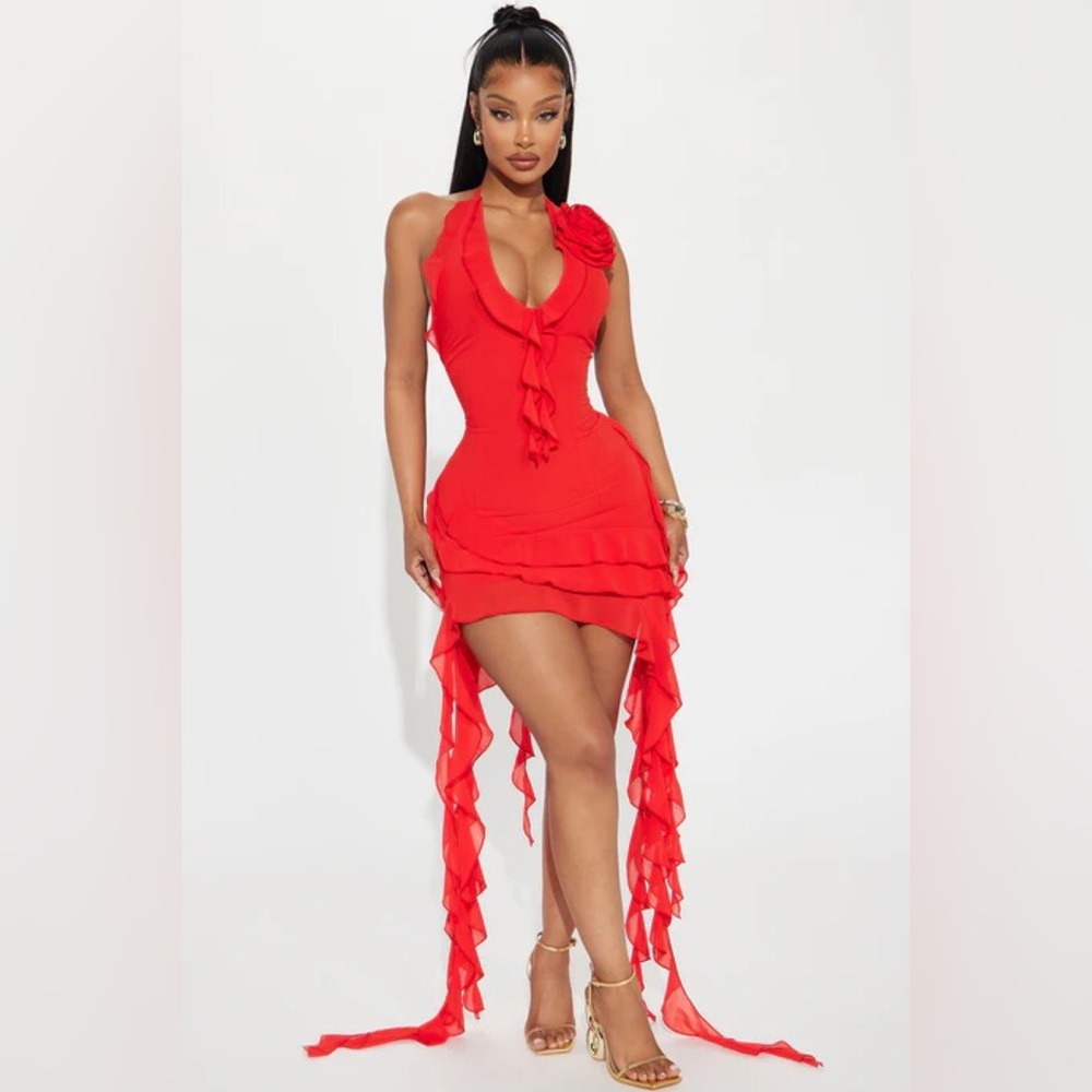 Fashion Nova Red Halter Dress with Ruffle Details